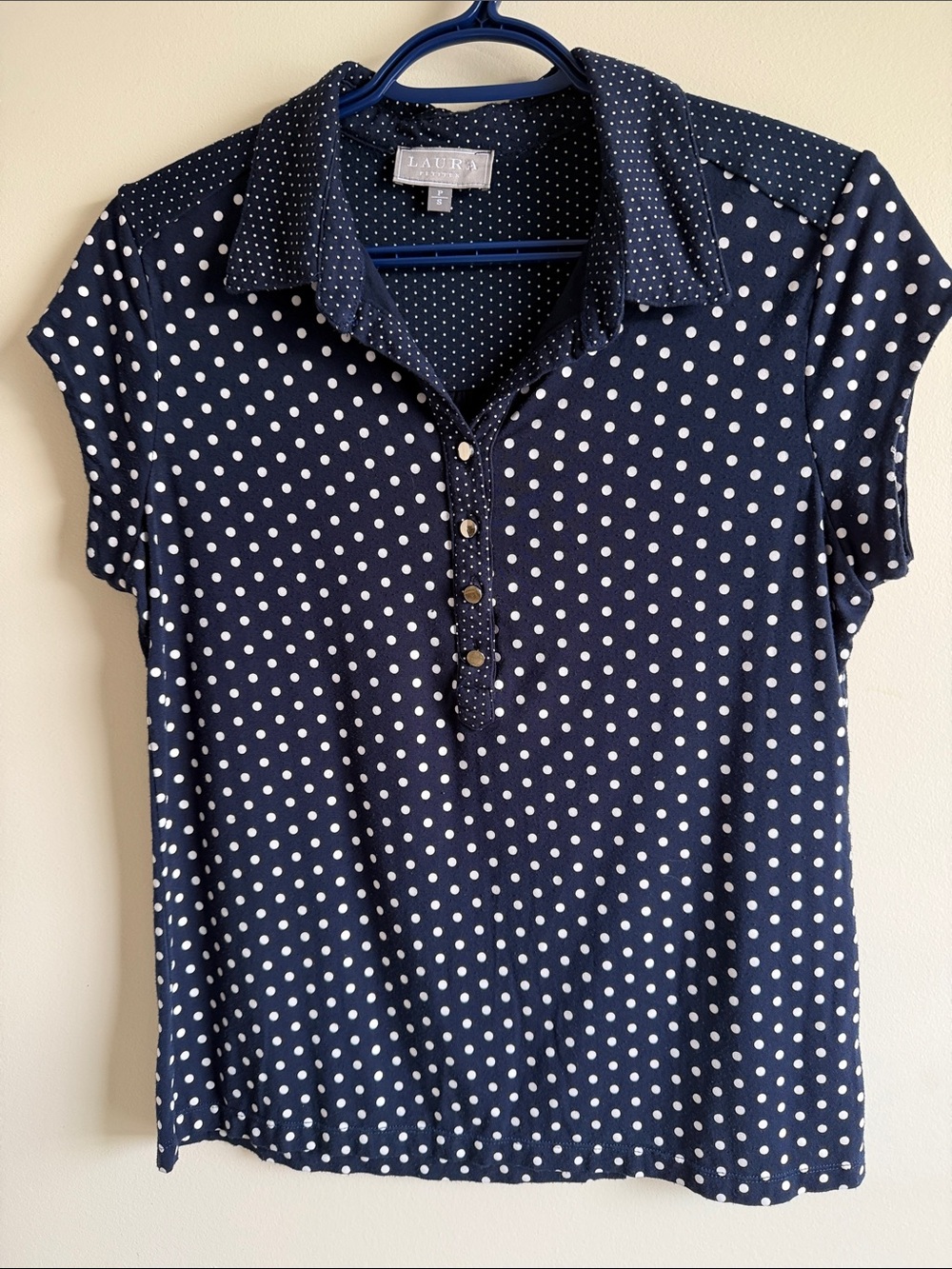 Navy White Polka Dot Button-Down Polo Top - Picture 1 of 5